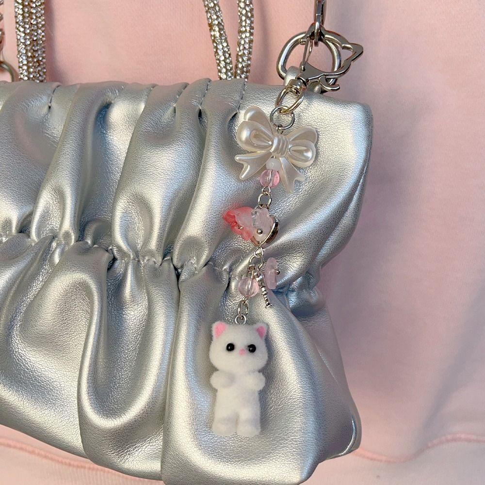 Phone Strap Furry Kitten Keychain Bag Pendant Y2k Bowknot Keyring Cat Bow Keychain  Phone Lanyard