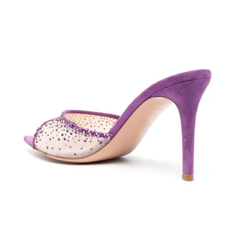 Fashion Summer Woman Thin Heel Rhinestone High Heel Slippers Fashion Open-toed Pointed End Slip-on Not Tired of Feet Stiletto