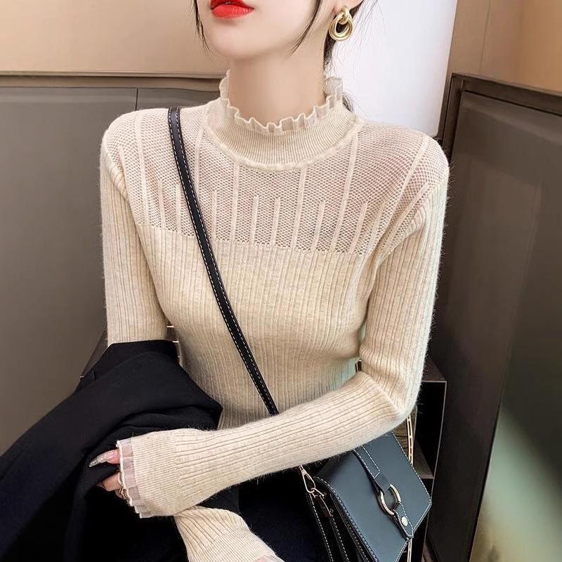 Half High Collar Lace Edge Knitted Sweater for Women Base Shirt Autumn and Winter Women's Clothing