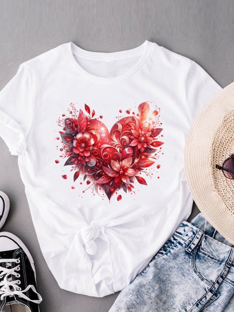 (Taille asiatique) cœur d'amour doux col rond Vêtements décontractés Manches courtes T-shirts Mode Féminin Femme Haut pour femme T-shirt Imprimé T-shirt Graphique