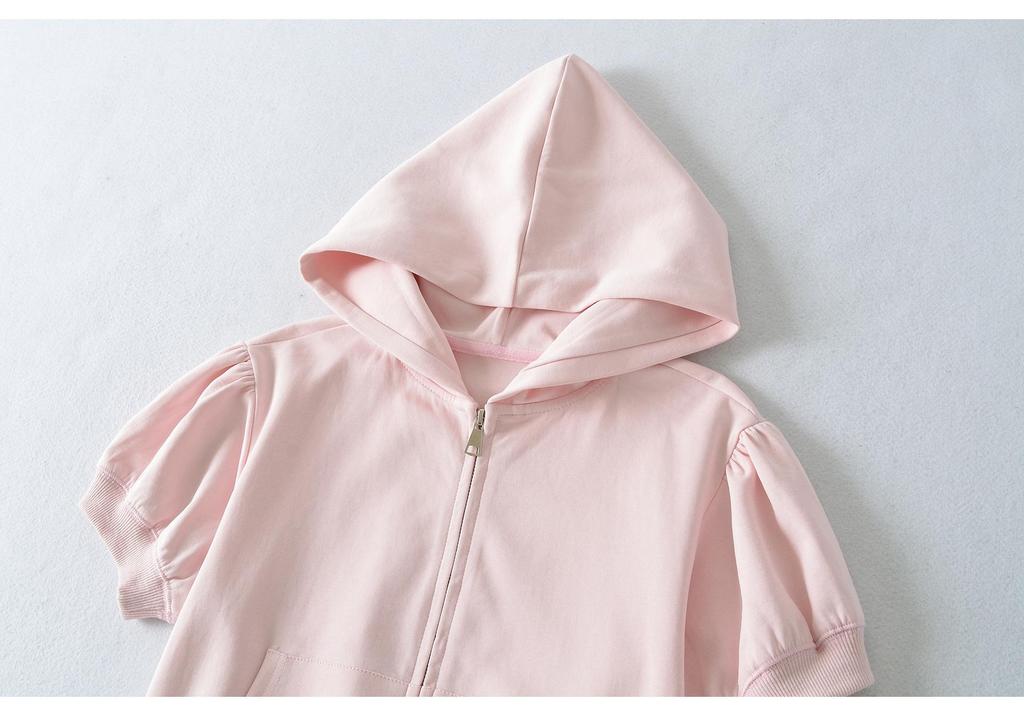 Women's Macaron Color Short-Sleeved Hooded Cardigan with Bubble Sleeves and Thin Sun Protection