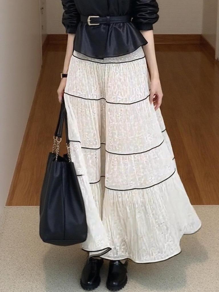 French Romantic Lace Pleated A-Line Skirt – Elegant Mid-Length Layered Cake Design for Spring/Autumn