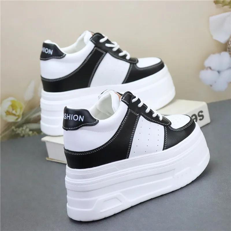 Fashion 12CM Platform Wedge Sneakers Microfiber Leather Comfy Breathable Skate Board Vulcanized Chunky Hidden Heel Block Shoes