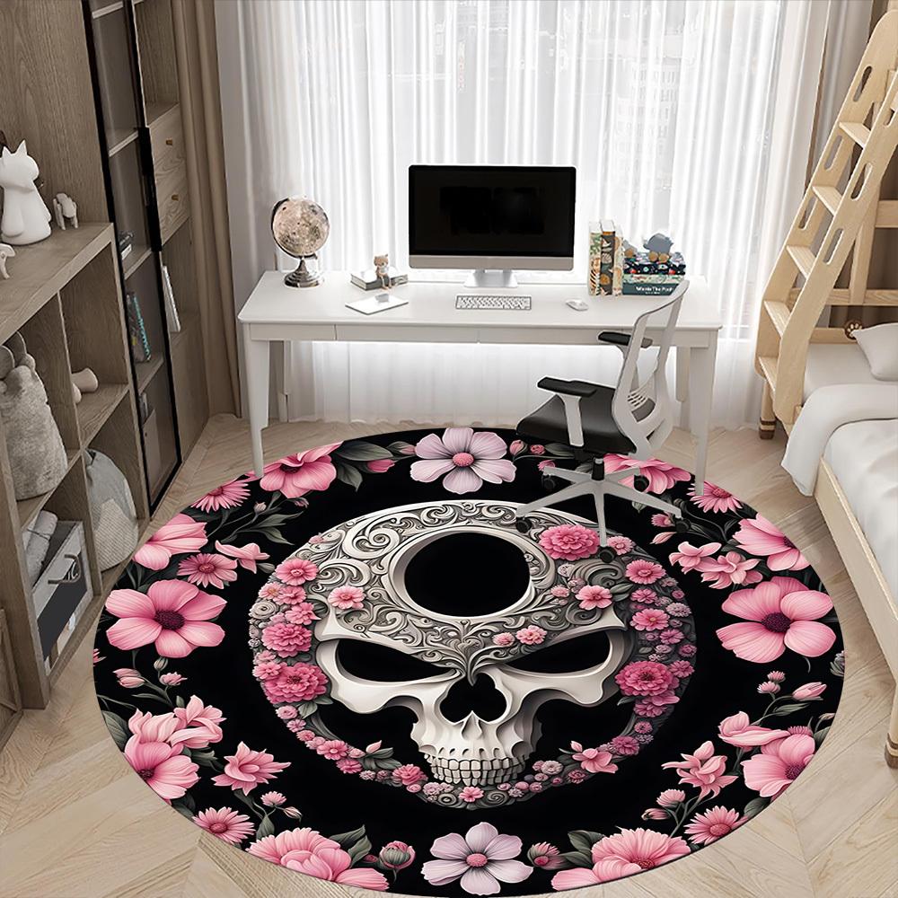 1pc Skull Flowers Office Round Area Rug, Indoor Mat Suitable For Office, Under Office Chairs Bedroom Living Room Home Decor, Room Deco