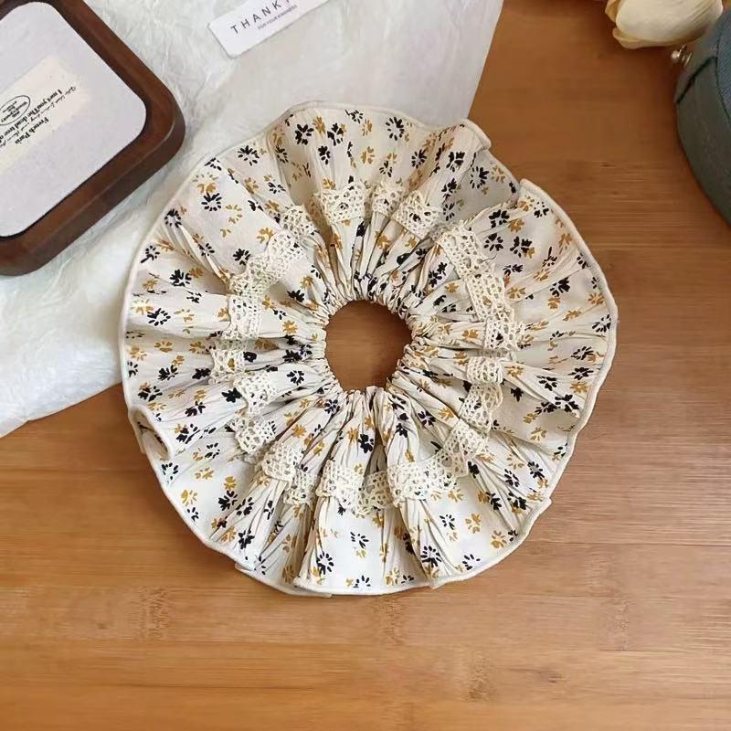 1pc Korean style pastoral temperament lace edge pleated hair tie, floral high elasticity ponytail and bun hair accessories