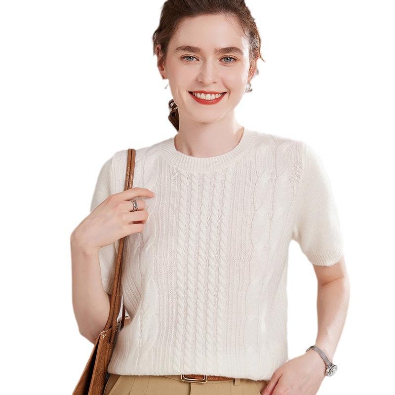 Women's Cashmere Round Neck Cable Knit Short Sleeve Loose Sweater for Autumn/Winter