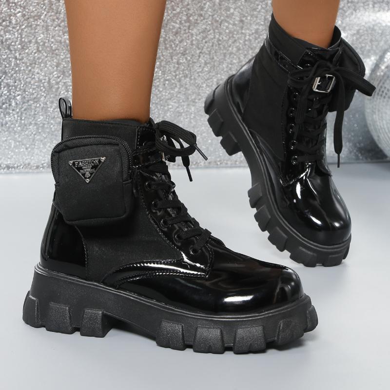 

Высококачественные туфли на платформе с круглым носком и средней высотой голени для женщин, модные женские ботинки на шнуровке, короткие бочонки на толстом каблуке, Botas De Mujer 43 чёрный