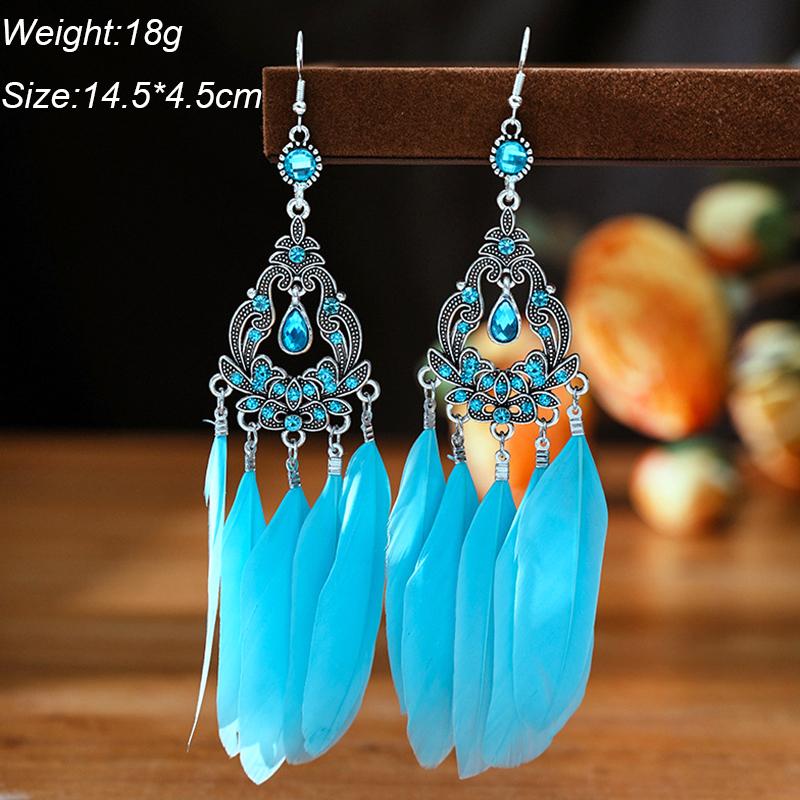 Blue Fashion Boho Temperament Water Drop Feather Earrings for Women Long Crystal Rhinestone Drop Oil Dangle Earring Jewelry
