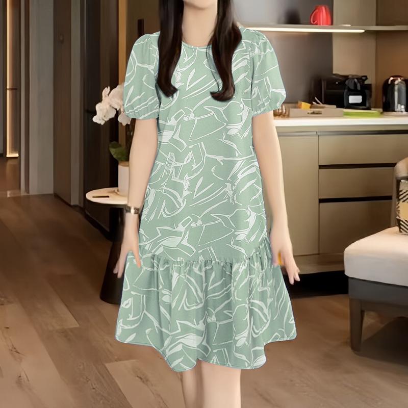 

ZANZEA Женское повседневное платье с круглым вырезом, свободного кроя, с принтом, с короткими рукавами M зелёный