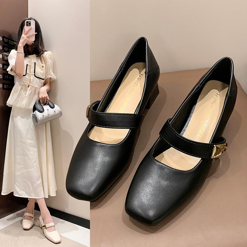 

Нежные одинарные туфли женские весенне-осенние новые темпераментные туфли Мэри Джейн на толстом каблуке, на среднем каблуке, женские туфли 42 бежевый