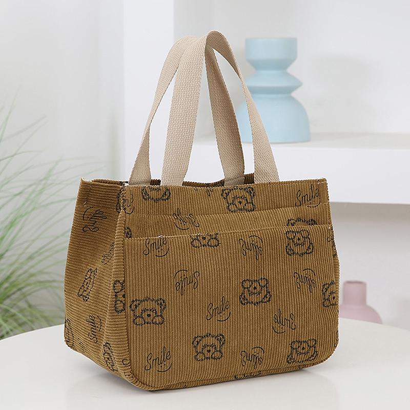 Cute Cartoon Printed Corduroy Versatile Handbag Office Worker Lunch Bento Tote Bag