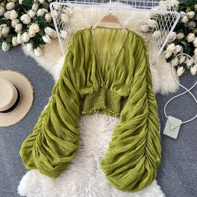 Vrouwen Sexy Chiffon Korte Blouse Vrouwelijke Doorschijnende Super Lange Mouw Blusas Feestmode