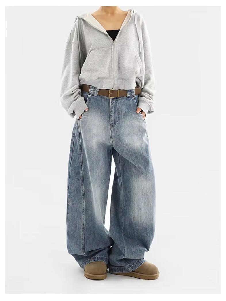 

Женские ретро выстиранные джинсы с широкими штанинами и эффектом потертости - Осенне-зимняя повседневная уличная одежда S: 155-165cm (75-90 jin)