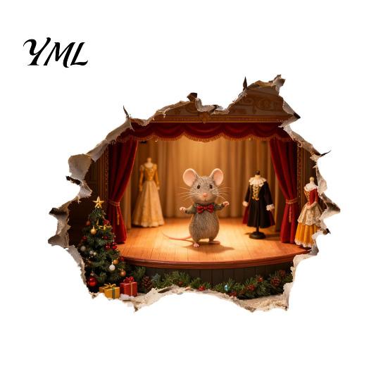 Winter Theme Wall Sticker 3D Christmas Mouse Hole Sticker, Waterproof PVC Decal, Creative Festive Decorative Scene Easy Apply for Holiday Living Room