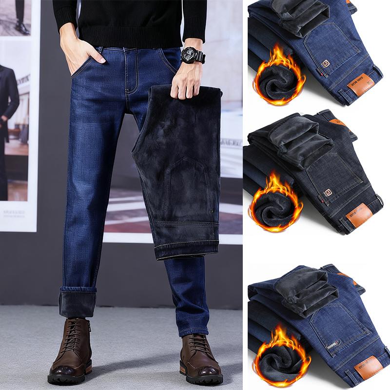 Herre Fleece Jeans Vinter Ny Pluss Størrelse Tykk Varm Rett Stretch Herre Business Casual Arbeid Denim Tykkere Bukser