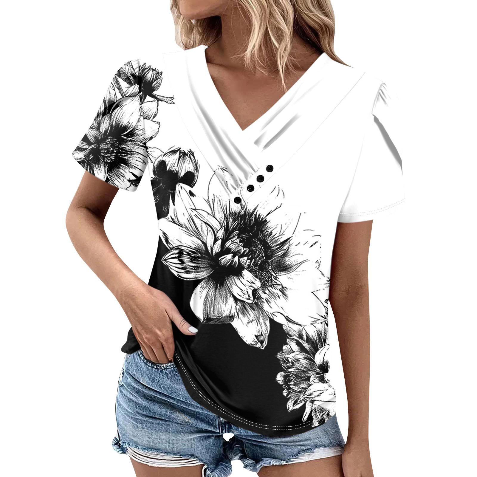 

Женская футболка, повседневная футболка с v-образным вырезом и короткими рукавами, однотонный топ на пуговицах L белый