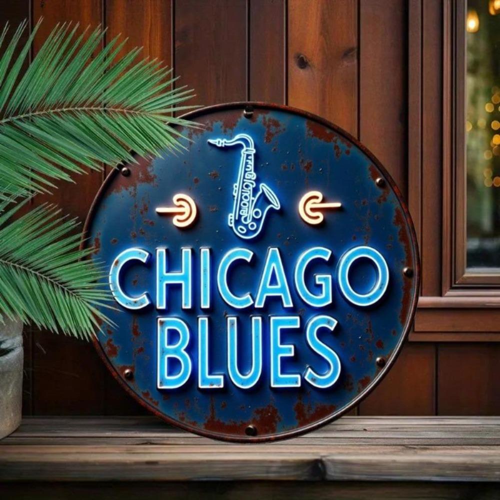 Vintage Chicago Blues Saxophone Neon Tin Metal Wall Art for Home Bar Cafe Decor