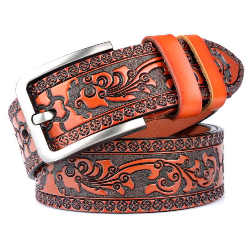 Cow Leather Embossing Belt Male Classic Vintage Pin Buckle Strap