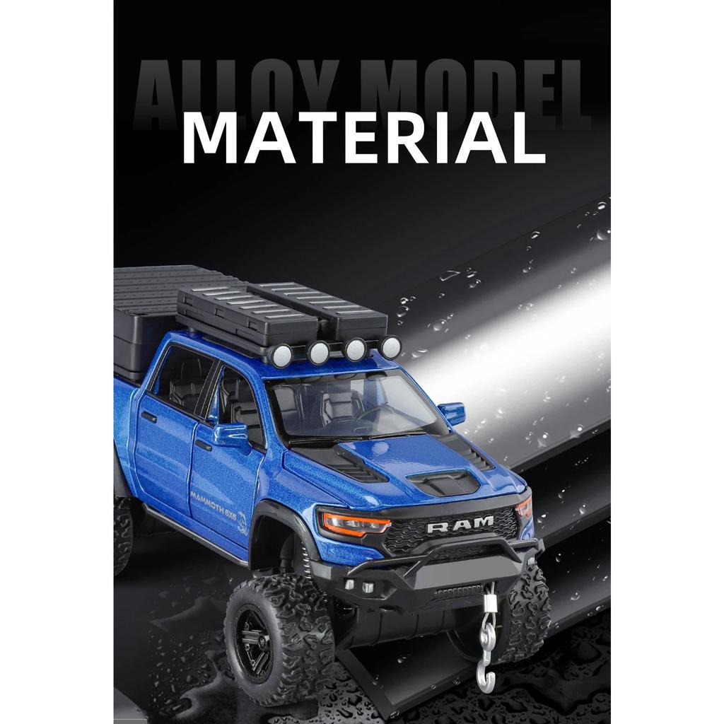 1/32 DODGE Tyrannosaurus RAM Alloy Pickup Camper Van Car Model Diecasts Metal Off-road Vehicles Car Model Sound Light Kids Gifts