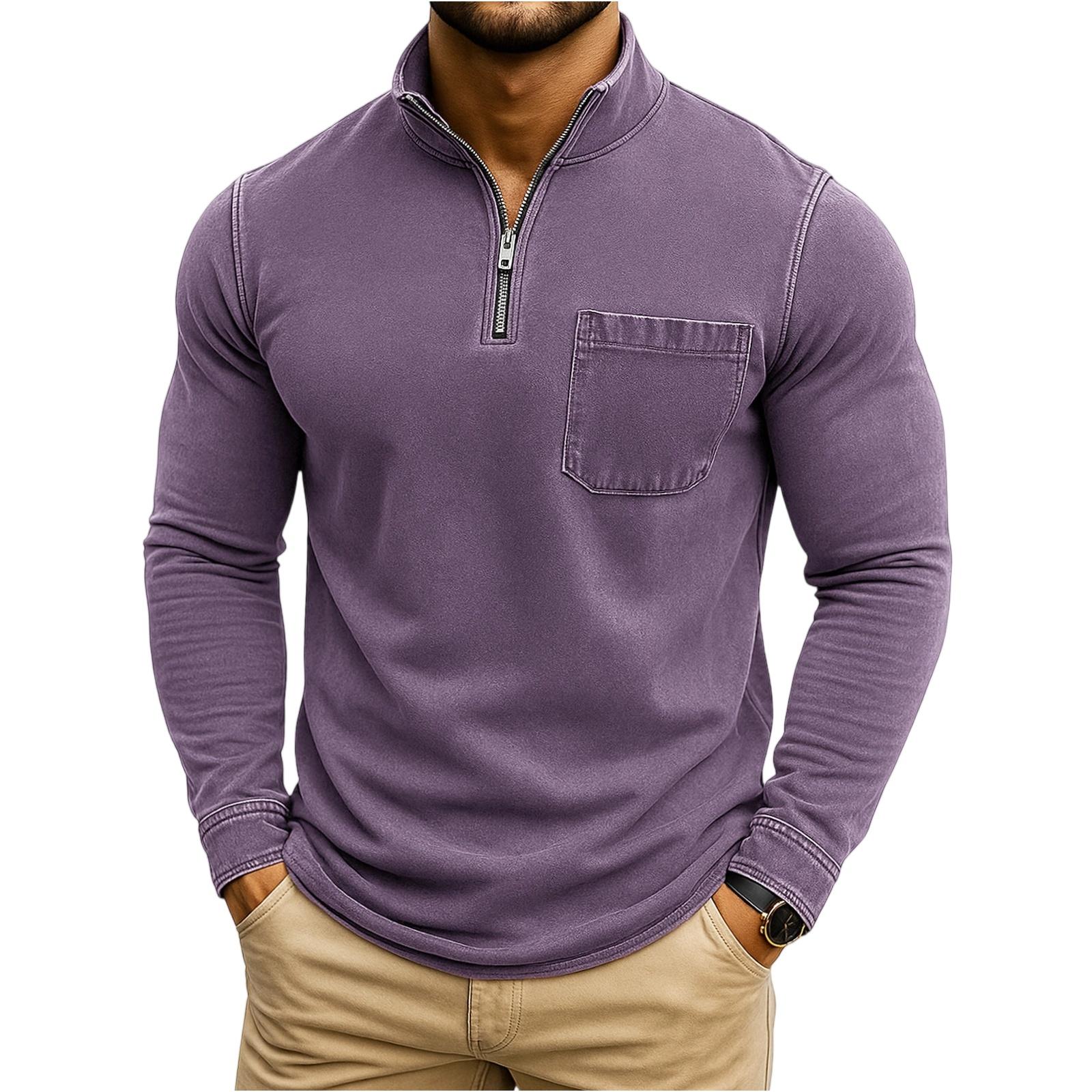 

Men s Fashion Solid Color Retro Casual Washed Outdated Quarter Zipper Pocket Long Sleeve T-shirt Top XL