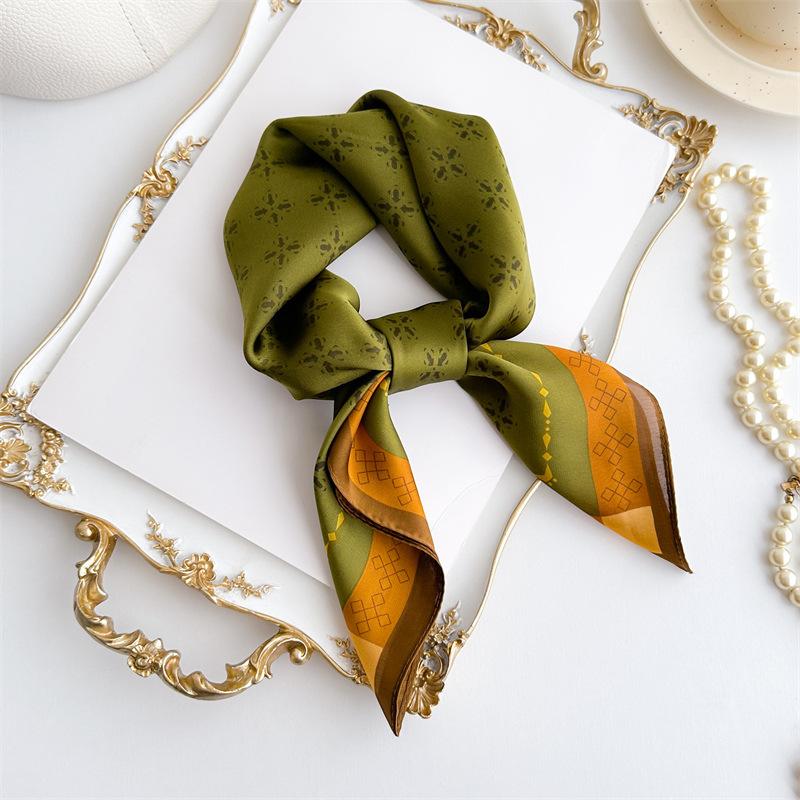 Dark Green Printed 70cm Square Scarf Floral Pattern Simple Silk Neckerchief Elegant Bandana Women Head Wrap Scarves