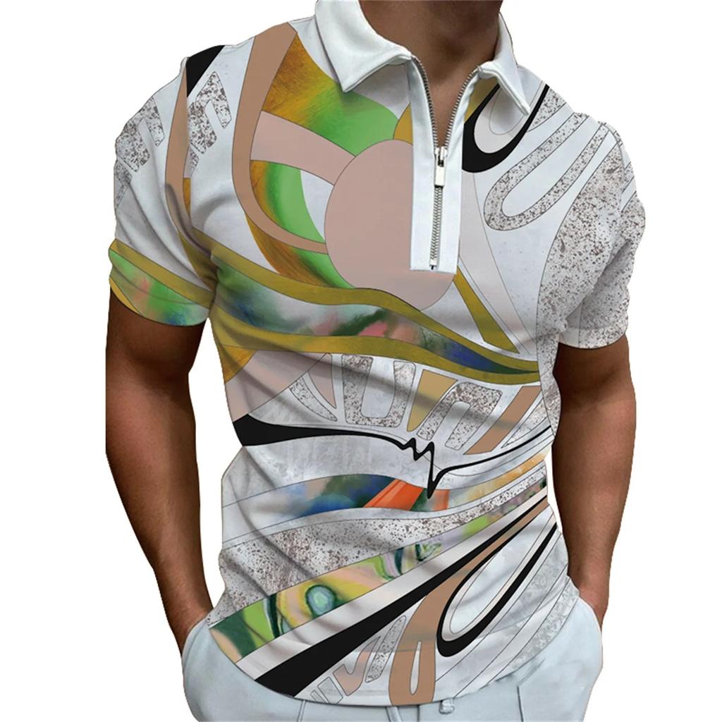 Modisches und atmungsaktives Sommer-Poloshirt mit Strand-Print, personalisiert, Streetstyle, kurzärmelig, mit Reißverschluss und Reverskragen für Herren, Herrenbekleidung