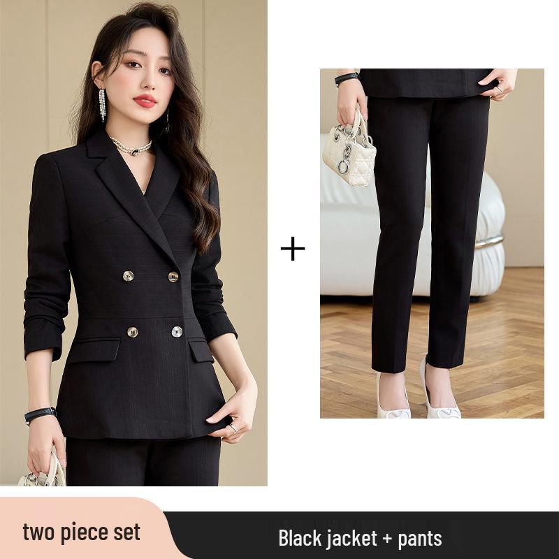 Women's Autumn Black Double-Breasted Blazer and Pants Set - Professional Slim Fit for Business and Interviews