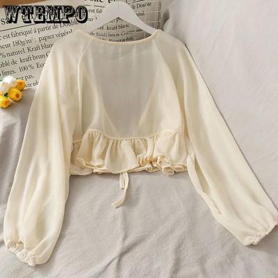 Lotus Leaf Edge Lace Up Short Sun Protection Clothing for Women Summer Thin and Loose Chiffon Cardigan Lantern Long Sleeved Outerwear