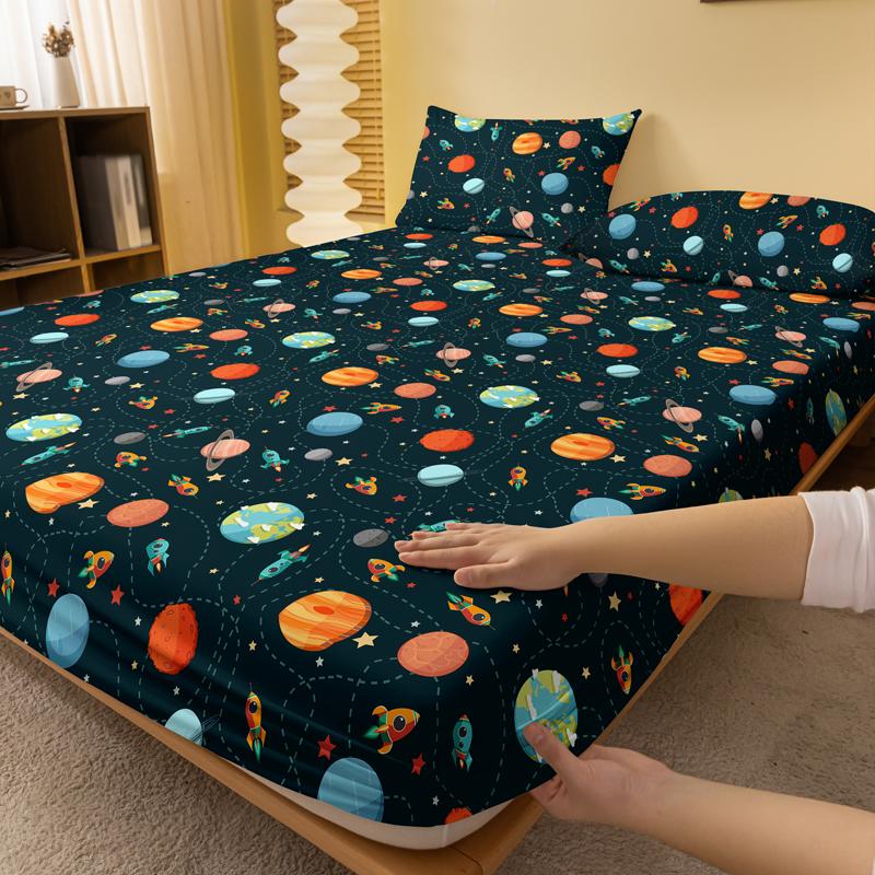 1 Cartoon Fun Printed Matte Fitted Sheet, Bedroom Printed Bed Cover, Bedding (Excluding Pillowcases)