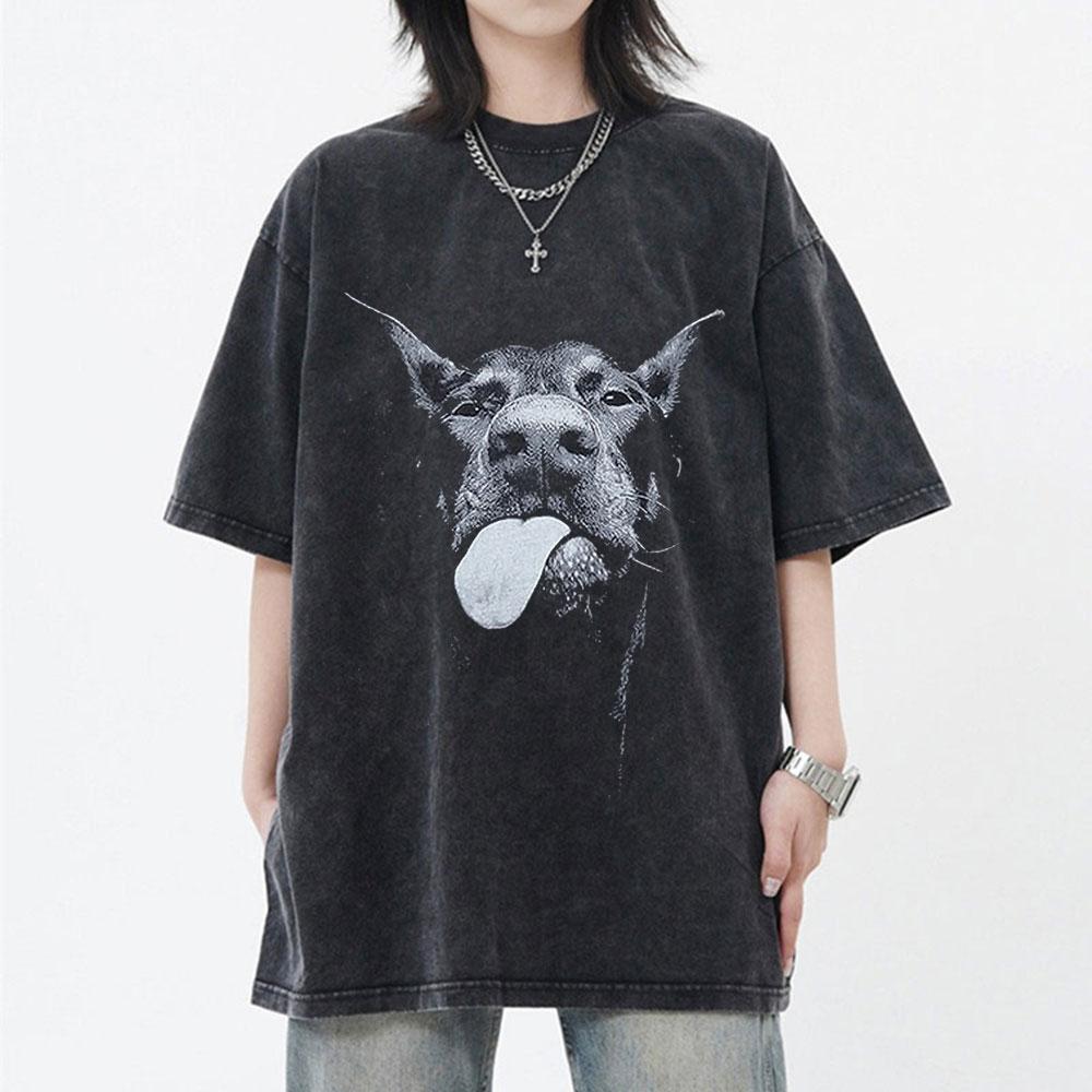 

Men Washed T Shirt Oversized Streetwear Hip Hop Doberman Dog Graphic T-shirt Vintage Distressed Cotton Short Sleeve T-shirts XL