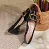 Square Buckle Single Shoes Women's Patent Leather Square Head Thick Heel Shallow Mouth Flat Heel Flat Shoes Sheepskin Pad