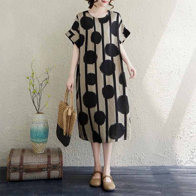 Real shot summer thin cotton and linen literary retro loose short sleeve fat mm knee dress women