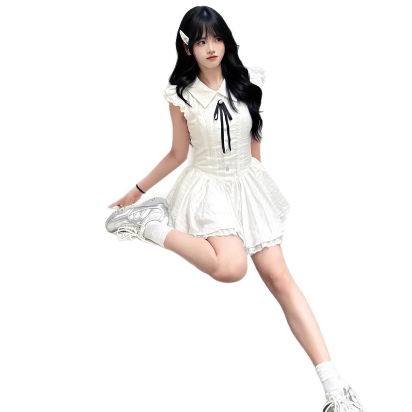 French Gentle Wind Design Bow Lace-up Dress Women's Summer New Temperament Sweet Tutu Dress