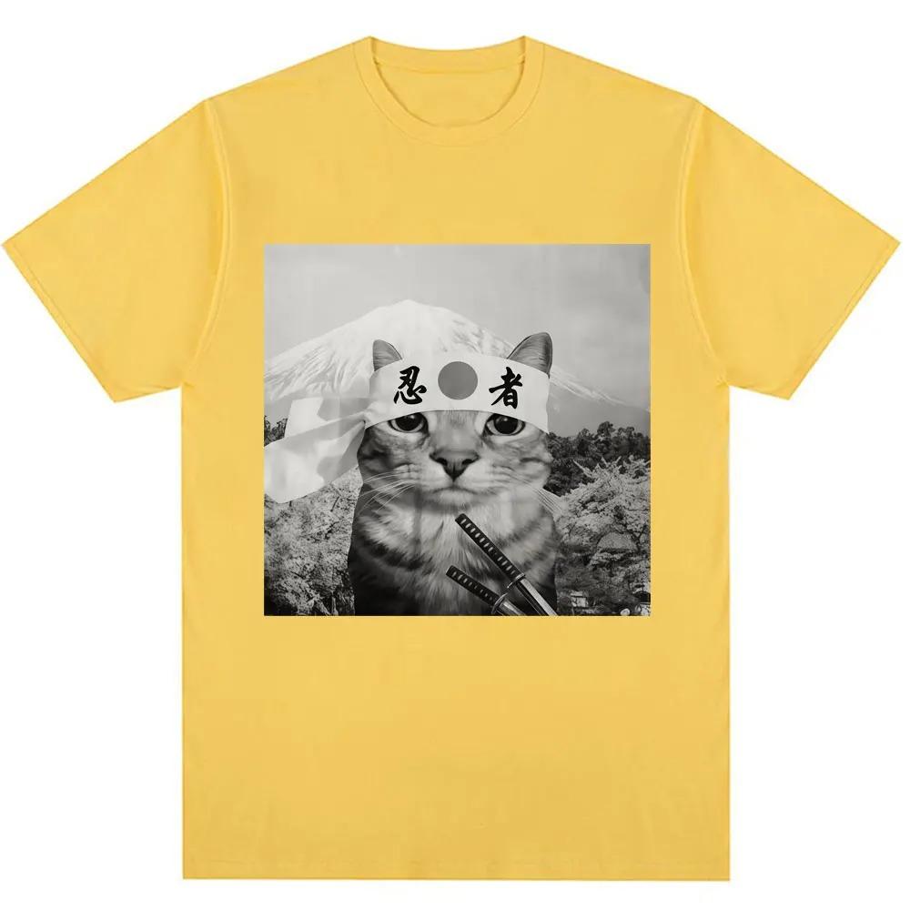 Funny Japanese Samurai Cat Meme Graphic TShirt Unisex Trendy Vintage Humorous Oversized 100 Cotton Casual Short Sleeve Tee