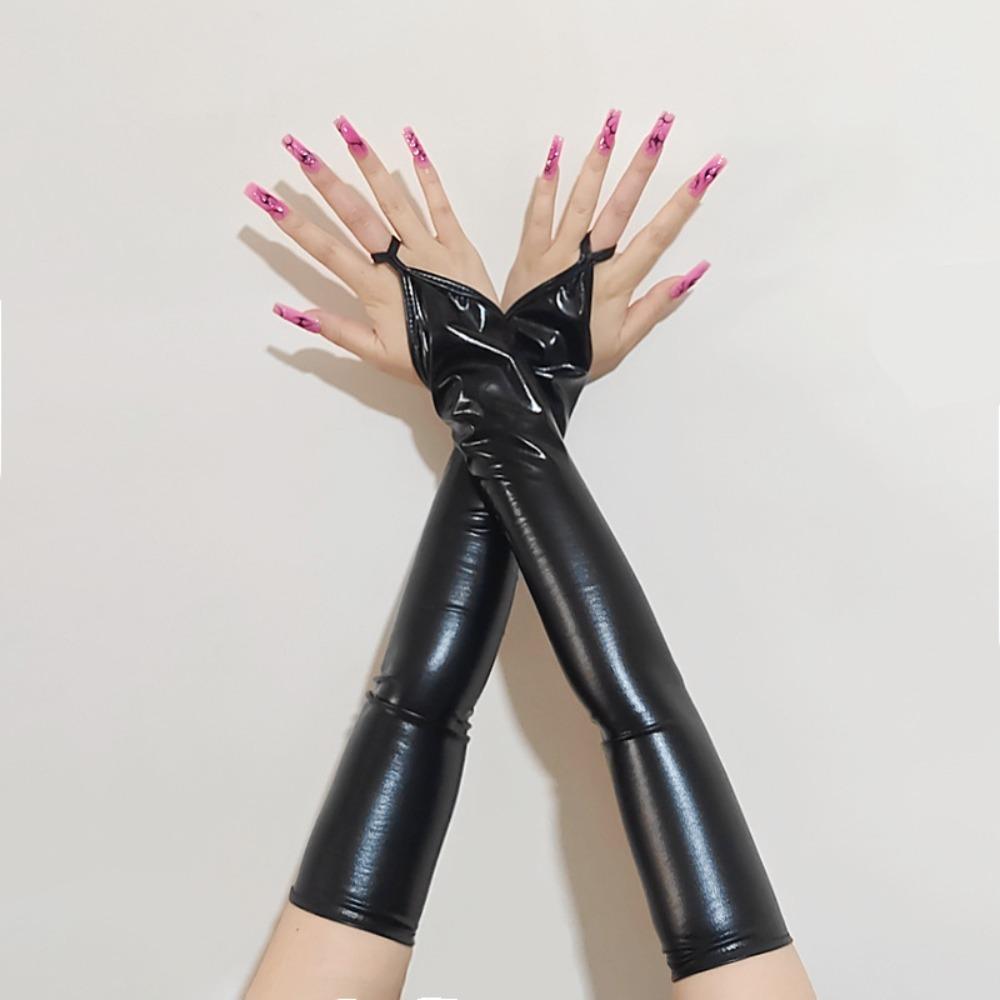 

Fingerless Design Women Latex Gloves Long Rivets Detail Metallic Gloves Stretchy Material Shiny Surface Wetlook Gloves