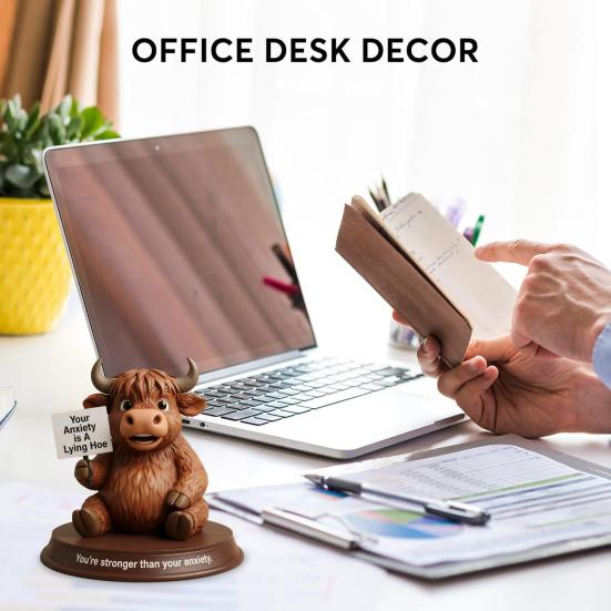 Highland Cow Figurine Emotional Support Highland Cow Statue Resin Cow Ornament with Funny Quotes Straight-Talking Companion for Desk Bookshelf Decor