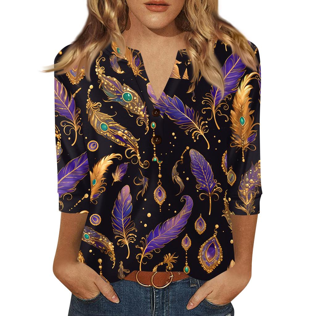 Women's Carnival Printed Fashionable Casual V-neck Button Seven Inch Sleeve T-shirt Top