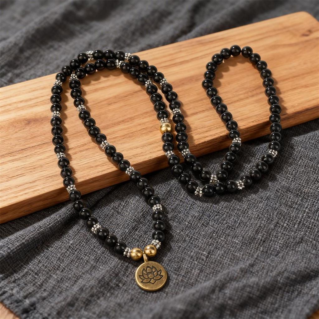 ins style jewelry necklace round beads European and American popular necklace lotus pendant imitation obsidian crystal long necklace