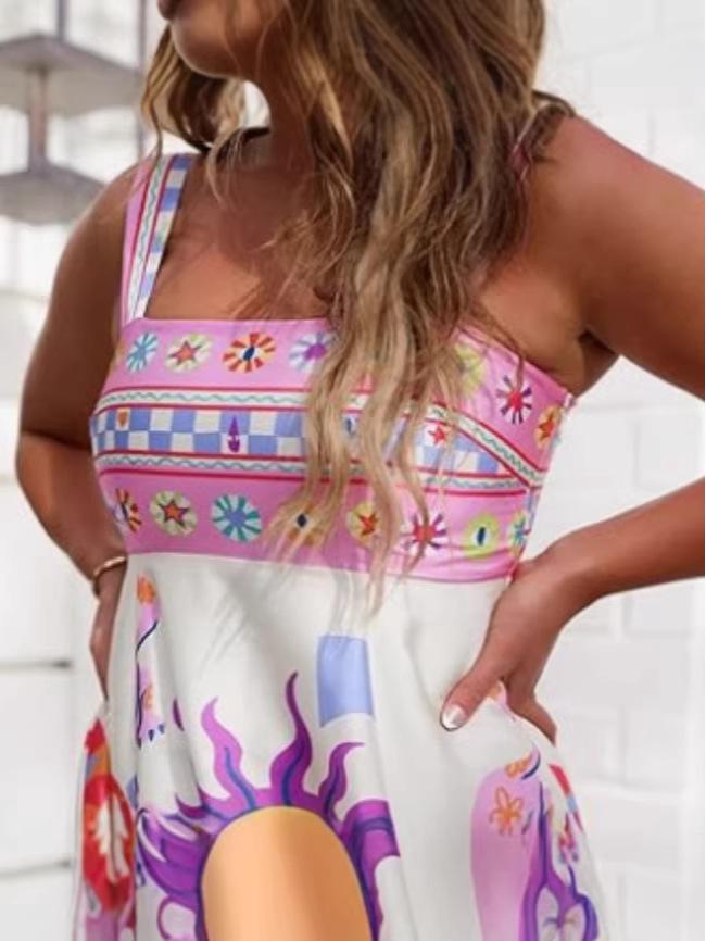 2026 Women's Casual Long Dress - Spaghetti Strap, Floral, High Waist, Sleeveless, Wide Hem