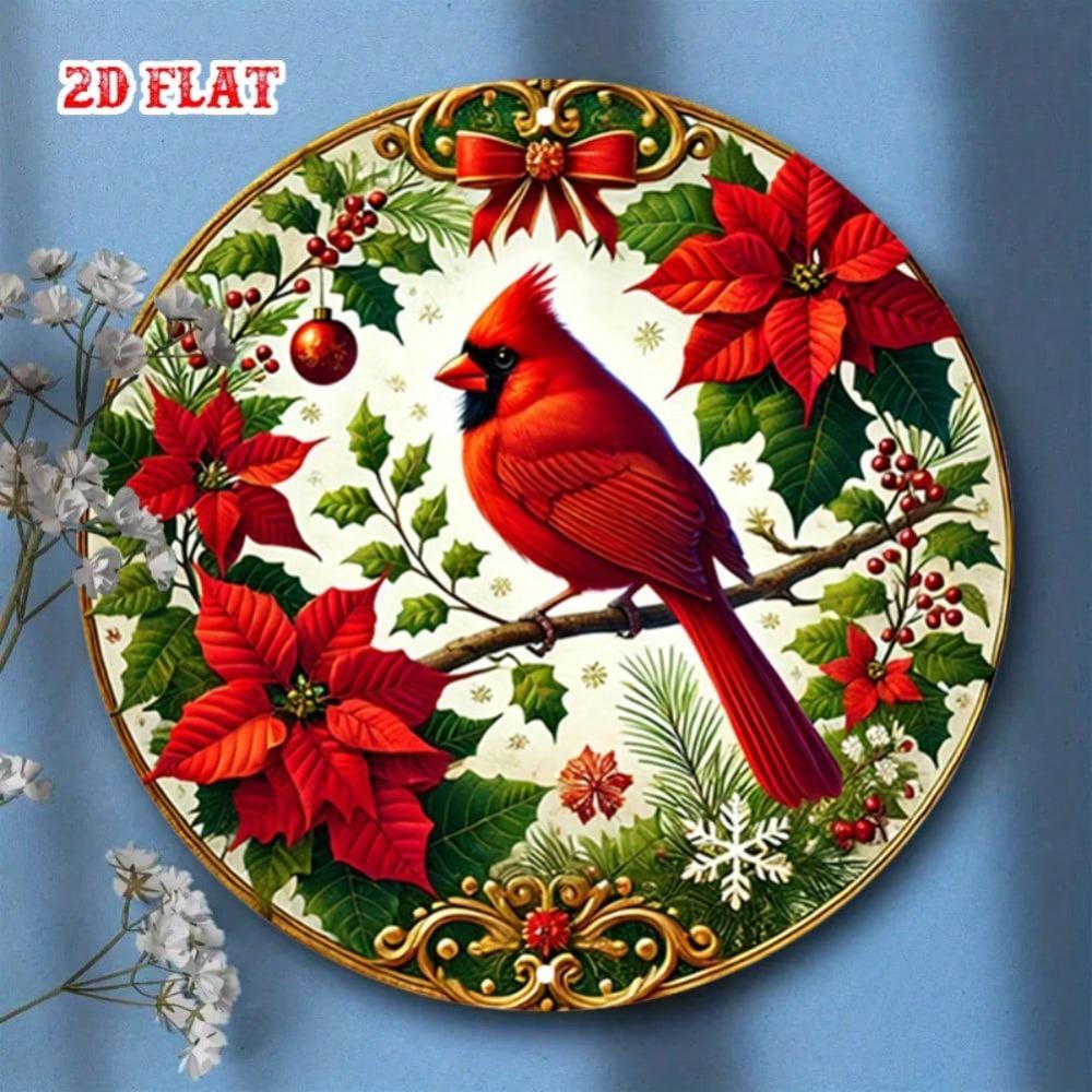 Vintage Red Cardinal Poinsettia Round Metal Tin Sign Christmas Wall Art Home Decor