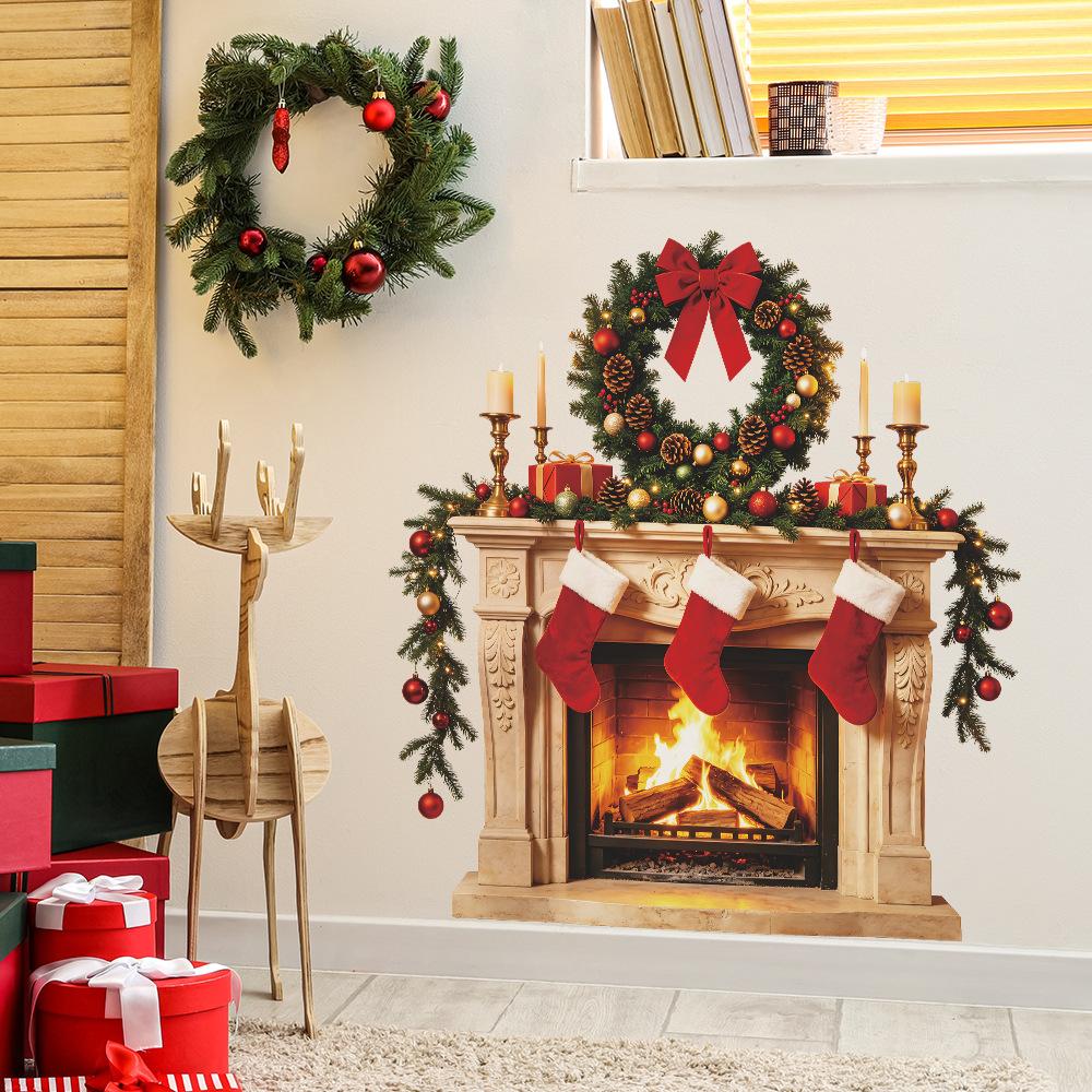 Christmas 3D Simulation Fireplace, Christmas Socks, Bedroom, Living Room, Entrance Hall Decoration Wall Stickers