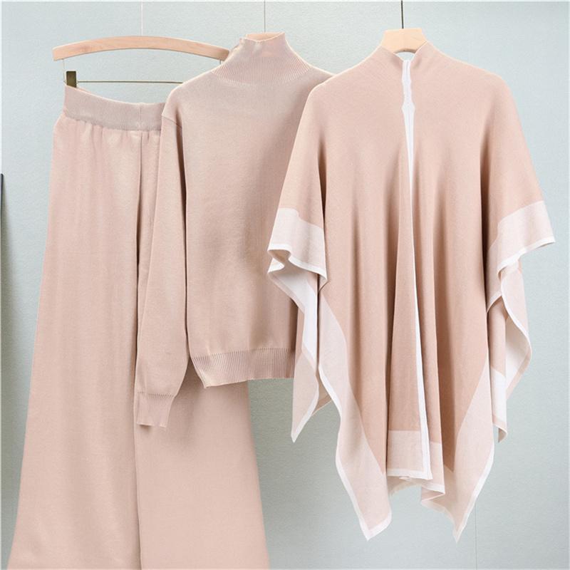 Women's Autumn Shawl Knitted Sweater Loose Wide Leg Pants Three Piece Suit Fashionable Casual Jacket Sweater Suit