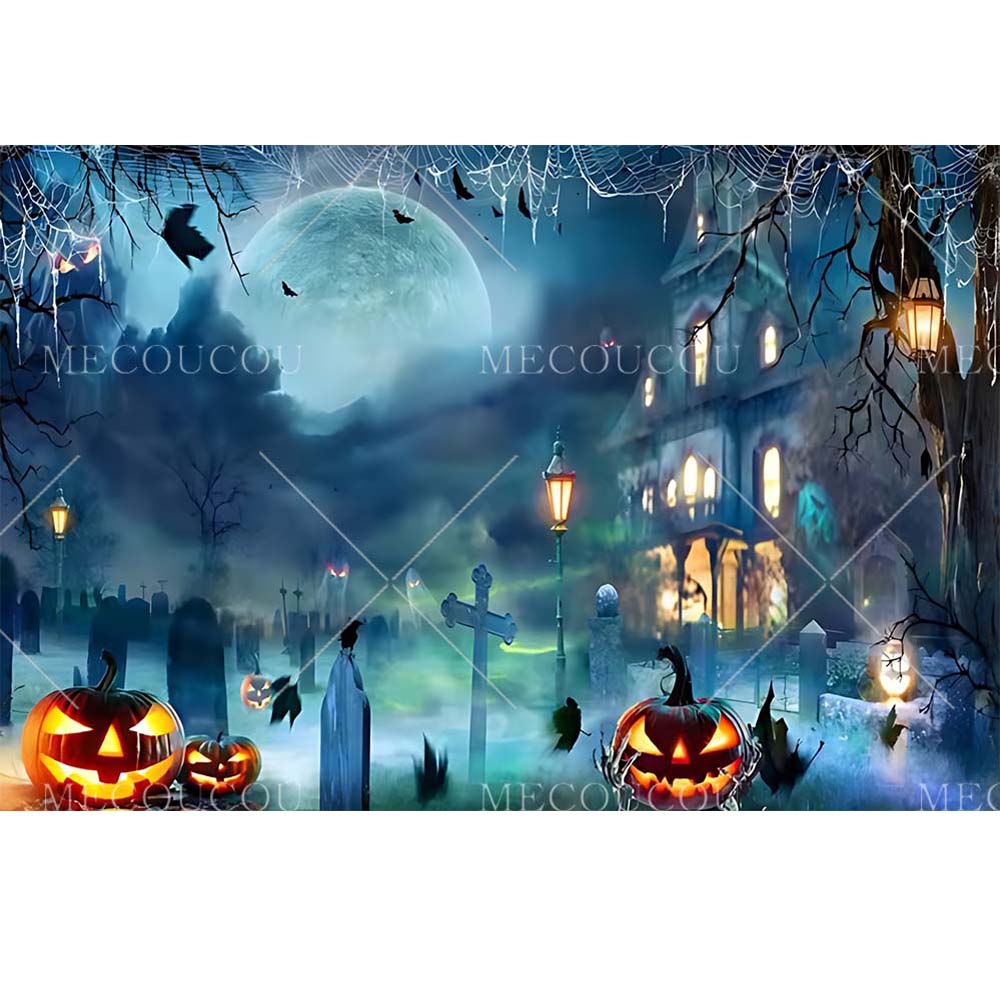 Halloween Backdrop Horror Night Full Moon Pumpkin Skull Castle Cemetery Halloween Party Adult Kids Background Decor Customized