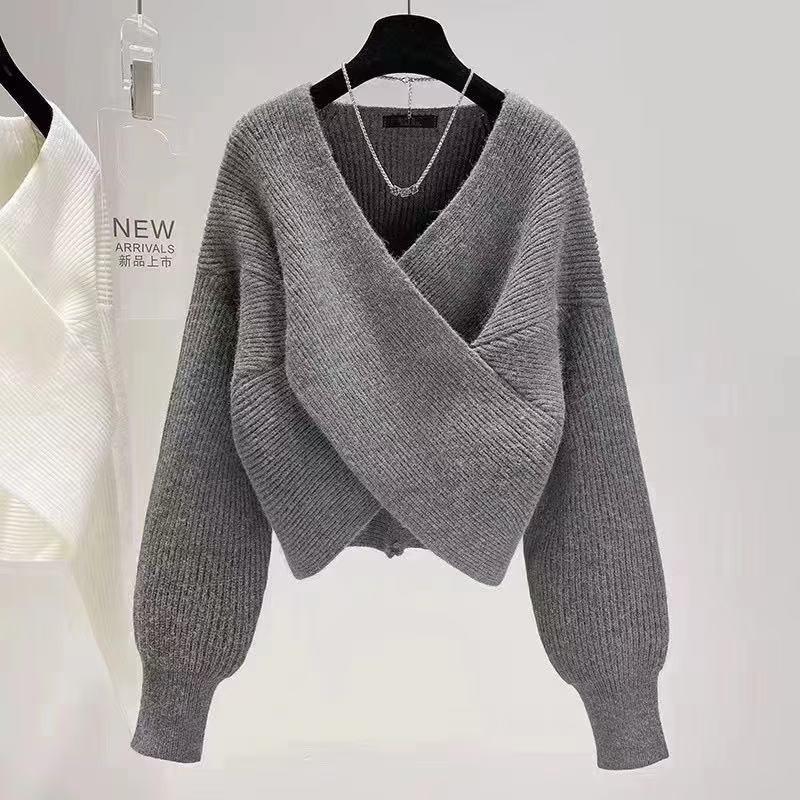 Podzim Zima V-výstřih Křížený Nepravidelný Jednobarevný Ležérní Svetr Dámský Elegantní Univerzální Pulovr Pletený Top