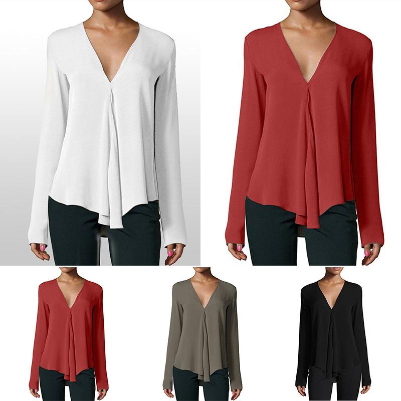 Women Solid Casual Long Sleeve V-Neck Chiffon Blouses Shirts Ladies Top ...