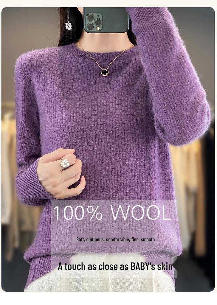 Women's Soft Wool Round Neck Sweater - 100% Pure Wool, Long Sleeve, Fluffy Knit, Autumn/Winter 2023