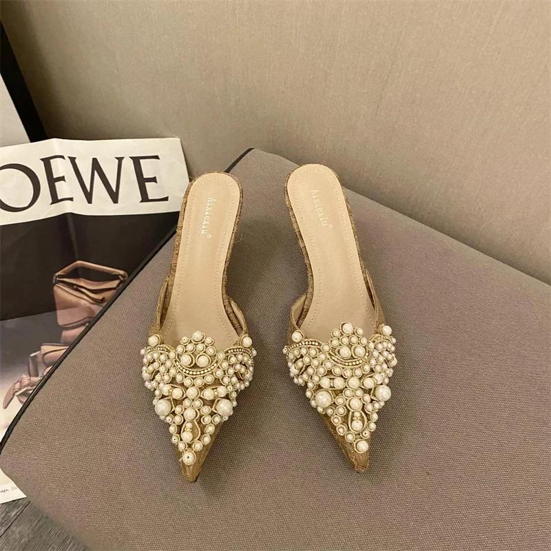 Mode 2024 Neue Frühling Sommer Mules Mode Sexy Damen Pantoletten Schuhe Elegant Perlen Slip-On Dünne Absätze Hausschuhe Designer Mules 42