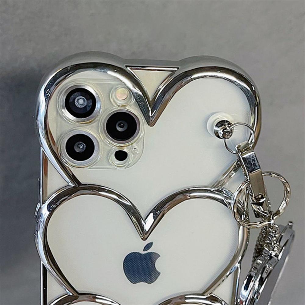 Luxury Stylish Silver Love Heart Mirror Portable Bracelet Case For iPhone 13 12 14 15 16 Pro Max 11 Plating Love Aesthetic Cover