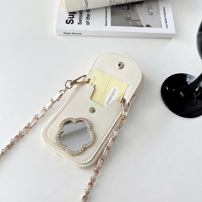 Custodia a Portafoglio Specchio per iPhone 17 Pro Max Air 16 Plus 11 12 13 14 15 Pro Cinturino Slot per Schede Laccio per Collo a Tracolla Corda Copertura a Borsa Fiorita