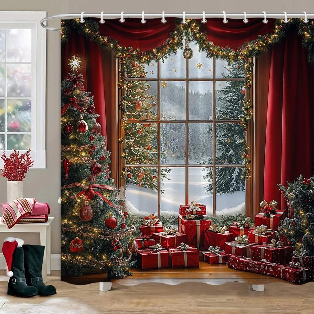Decor de Crăciun Perdea de Duș Scenă de Iarnă cu Zăpadă Brad de Crăciun Cadouri de Crăciun Perdele de Duș din Poliester Decor Baie